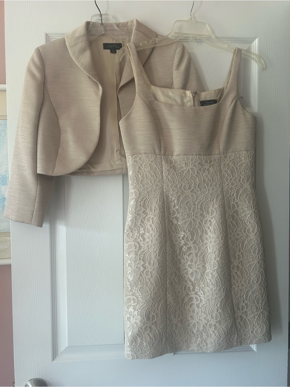 Tahari ASL Blush Lace Sheath Dress with Cropped Jacket